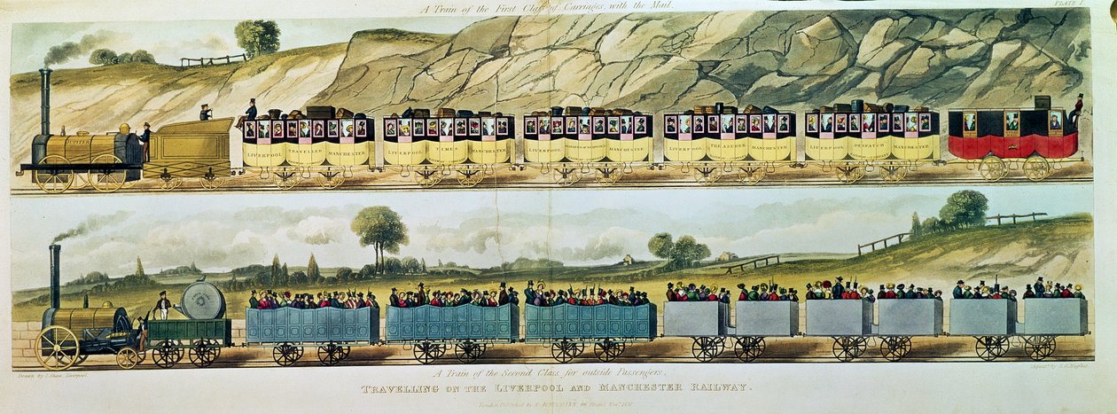 Reizen op de Liverpool en Manchester Spoorweg: Een Trein van de Eerste Klasse met de Post, en Een Trein van de Tweede Klasse voor Buitenpassagiers, gegraveerd door S.G. Hughes, uitgegeven door R. A door Isaac Shaw