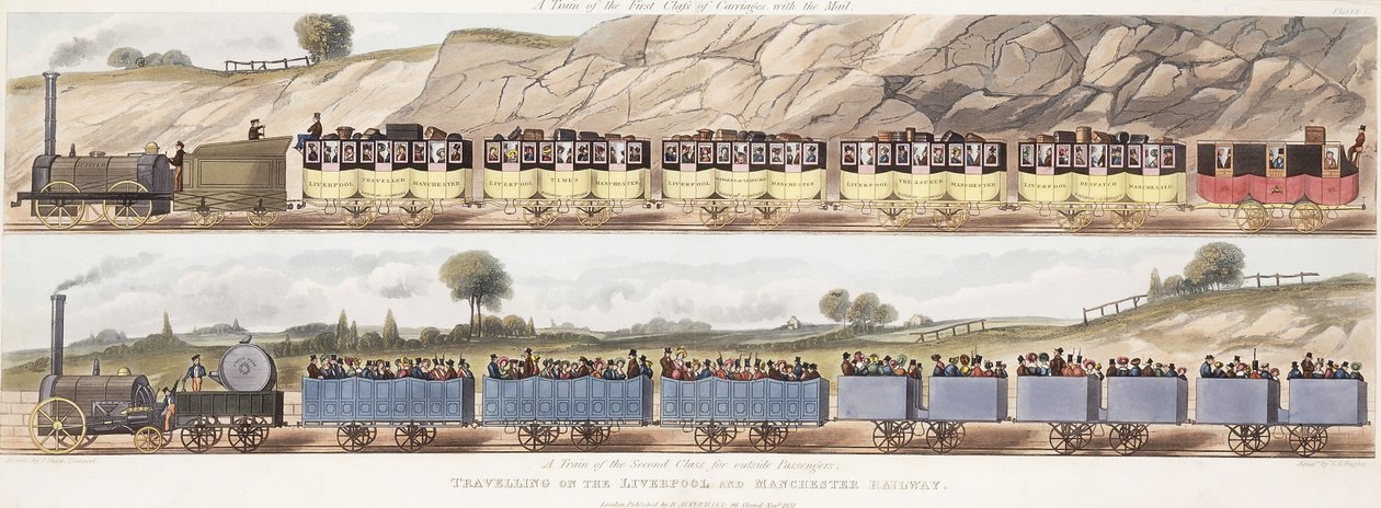 Een Trein van de Eerste Klasse met de Post & Een Trein van de Tweede Klasse voor Buitenpassagiers door Isaac (after) Shaw