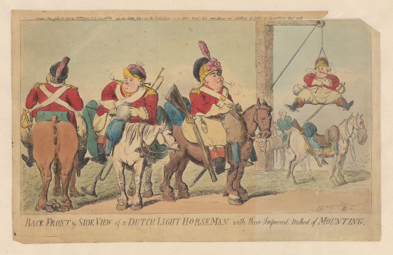 Verbeterde methode van de Nederlandse lichte cavalerie om een paard te bestijgen door Isaac Cruikshank (signed by artist)