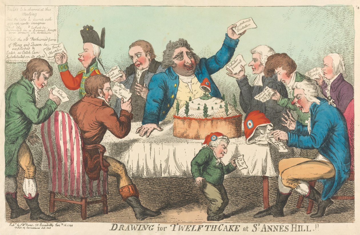 Zeichnung für den Zwölften-Kuchen in St. Annes Hill door Isaac Cruikshank