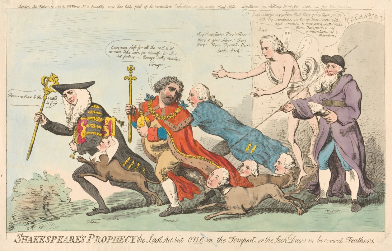 Shakespeares Prophezeiung, der letzte Akt von einem in Der Sturm, oder die Dohle in geliehenen Federn (aus: Karikatur, Bd. 3) door Isaac Cruikshank