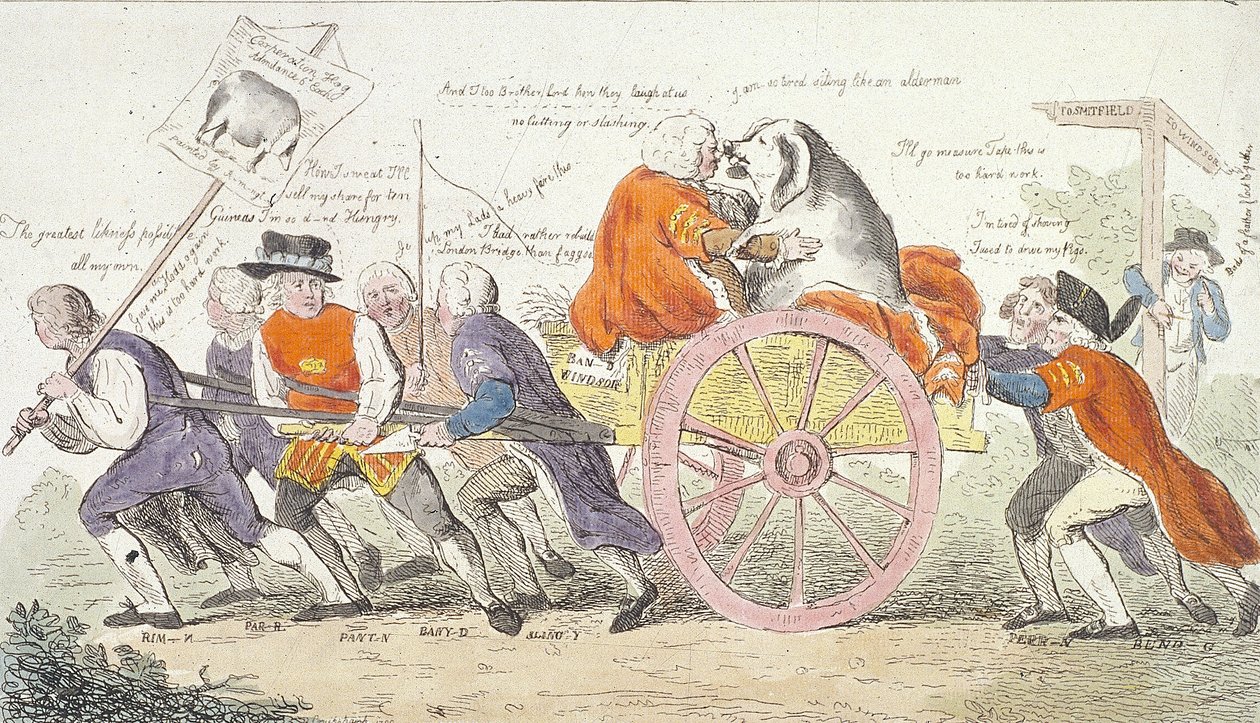 De reis van het gemeentelijke varken naar Smithfield in stijl of wethouders werden varkensshowmannen door Isaac Cruikshank