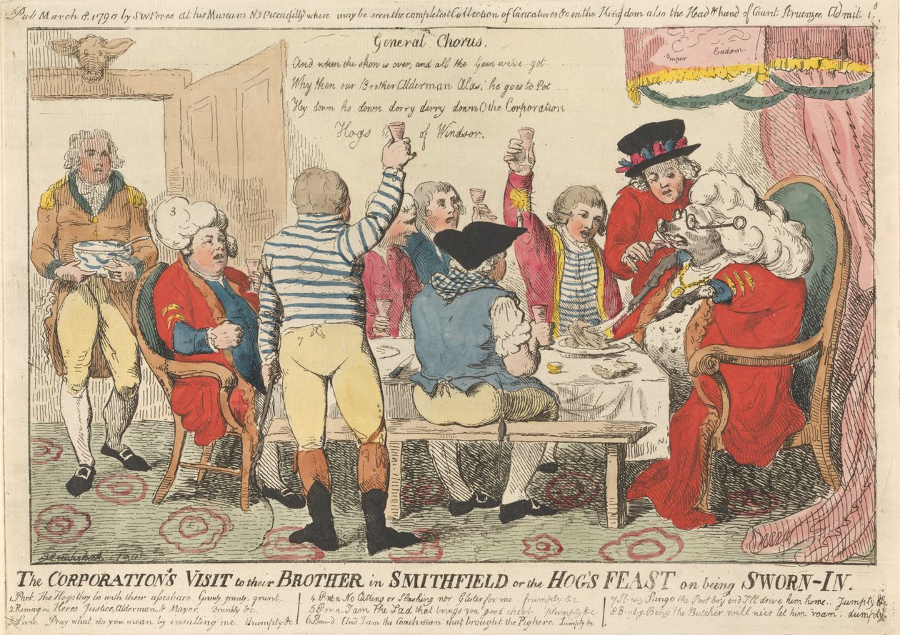 Der Besuch der Corporation bei ihrem Bruder in Smithfield oder das Schweinefest bei der Vereidigung door Isaac Cruikshank
