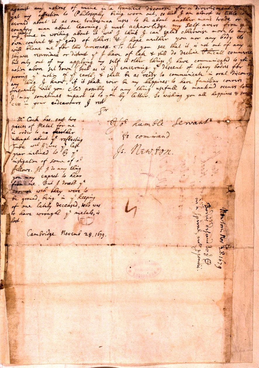 Brief geschreven door Isaac Newton, 28 november 1679 door Isaac Newton