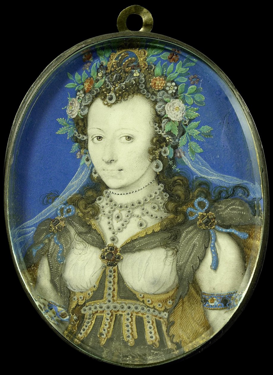 Portret van een vrouw in maskeradekleding als Flora door Isaac Oliver