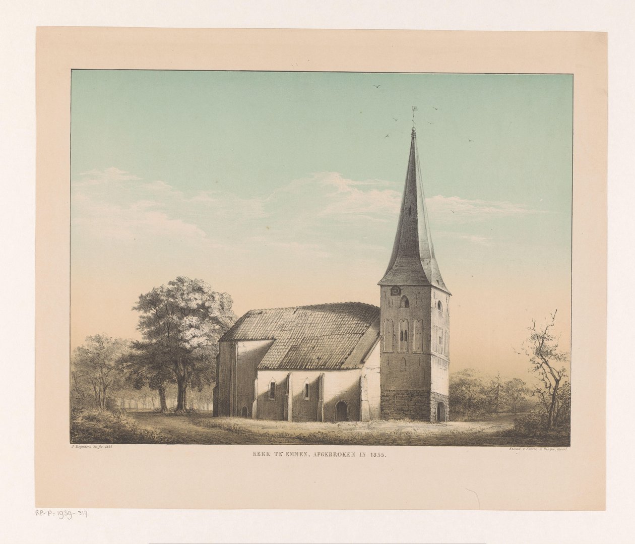 Gezicht op kerk te Emmen door Isaac Reijnders Sz.