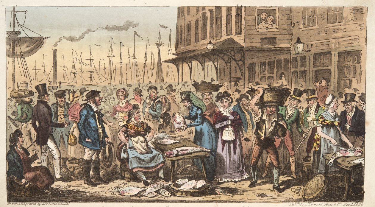 Een pretje in het hoge leven, of een bezoek aan Billingsgate, uit The English Spy, uitgegeven 1824 door Isaac Robert Cruikshank