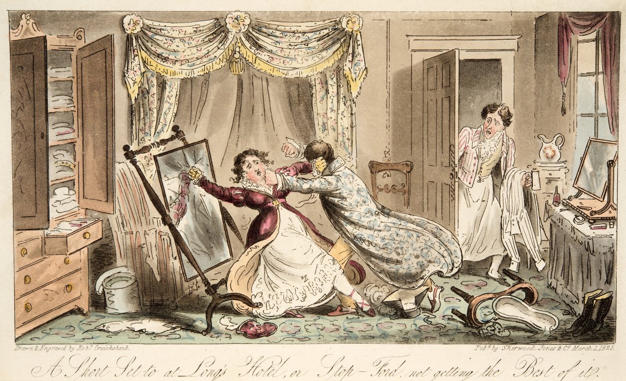 Een korte set in Longs Hotel of Stop-Ford krijgt niet het beste ervan, uit The English Spy, gepubliceerd 1824 door Isaac Robert Cruikshank
