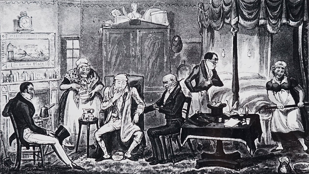 Een man die lijdt aan de gevolgen van overdaad door Isaac Robert Cruikshank