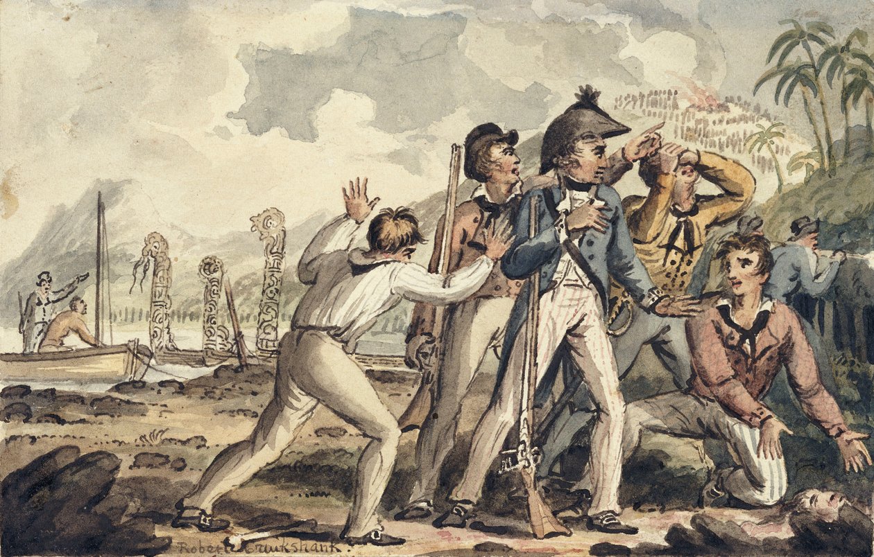 Kapitein Burney ontdekt zijn vermoorde scheepsmaten, illustratie uit "De reizen van kapitein Cook" door Isaac Robert Cruikshank