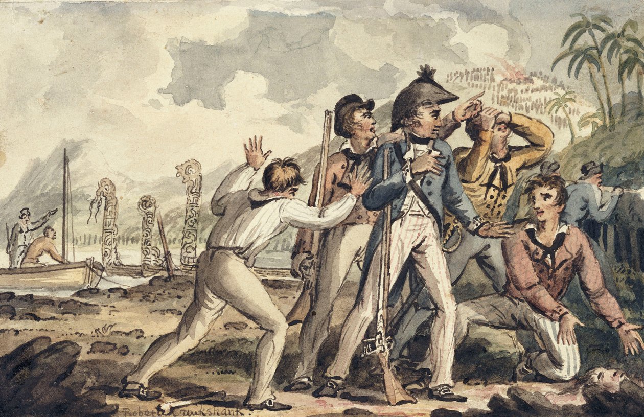Kapitein Burney ontdekt zijn vermoorde scheepsmaten, uit de reizen van kapitein Cook door Isaac Robert Cruikshank