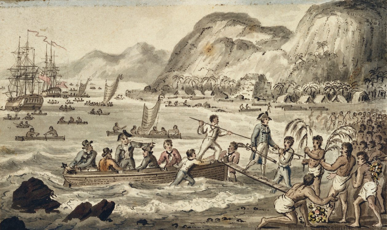 Kapitein Cook landt in Owyhee, illustratie uit "De reizen van Kapitein Cook" door Isaac Robert Cruikshank