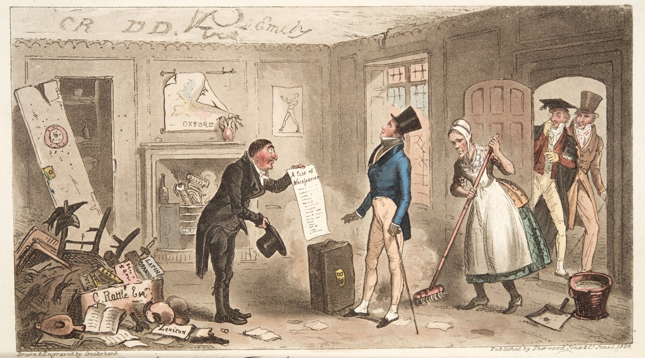 College comfort, een eerstejaars die zijn kamers in bezit neemt, uit The English Spy, gepubliceerd 1824 door Isaac Robert Cruikshank