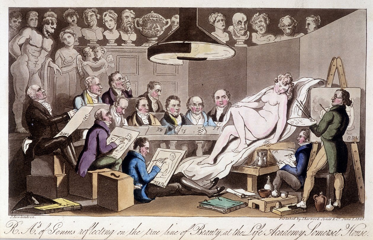 Tekencursus voor volwassenen. In "The English Spy" door Charles Molloy Westmacott. Tekening door Robert Guikshand door Isaac Robert Cruikshank