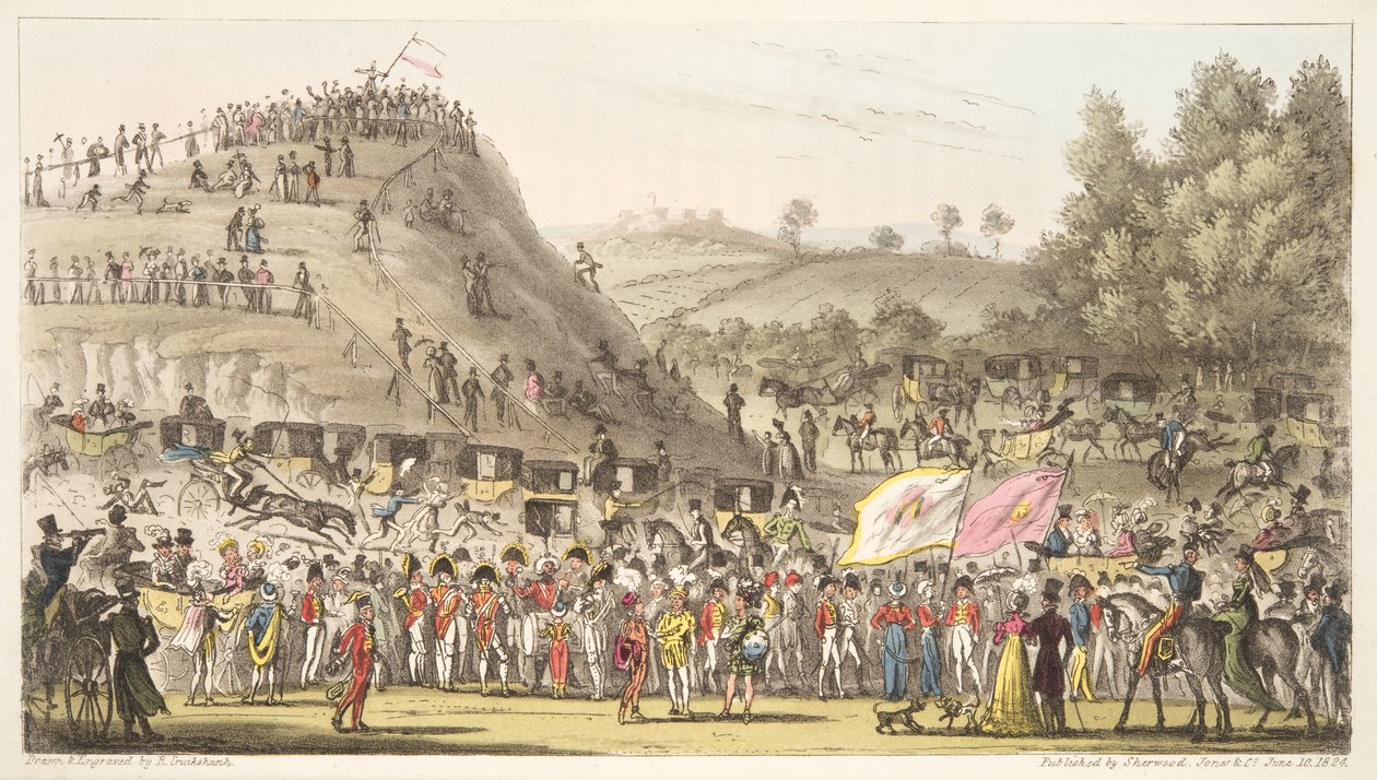Eton Montem, en de berg, Salt Hill, uit The English Spy, gepubliceerd 1824 door Isaac Robert Cruikshank