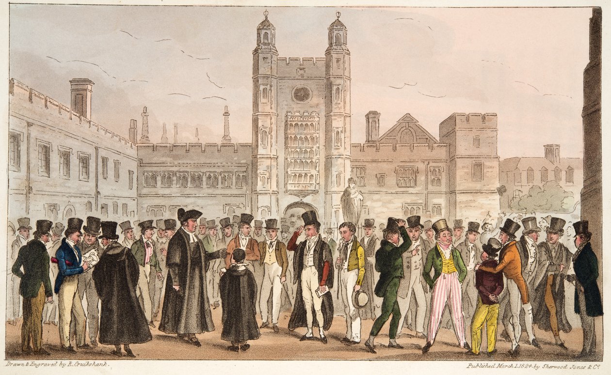 Eerste afwezigheid, of Etonians die de ochtendmeesterrol beantwoorden, uit The English Spy, gepubliceerd 1824 door Isaac Robert Cruikshank