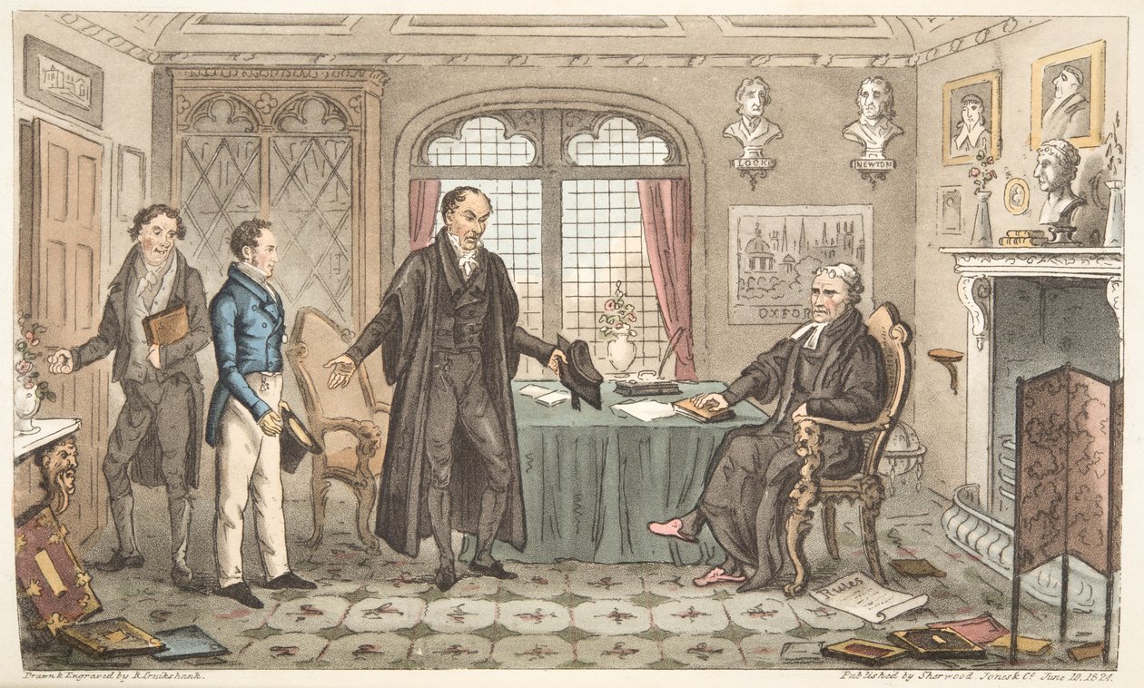 Eerste buiging naar Alma Mater, of Bernard Blackmantles introductie aan de grote pruik, uit The English Spy, gepubliceerd Londen, 1824 door Isaac Robert Cruikshank