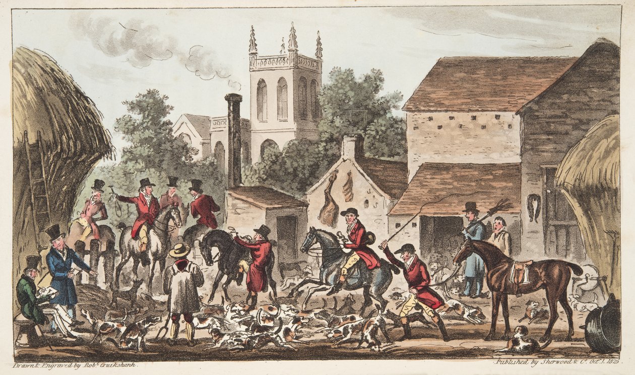Uitgaan; Een uitzicht op Berkeley Hunt Kennel, uit The English Spy, uitgegeven 1824 door Isaac Robert Cruikshank