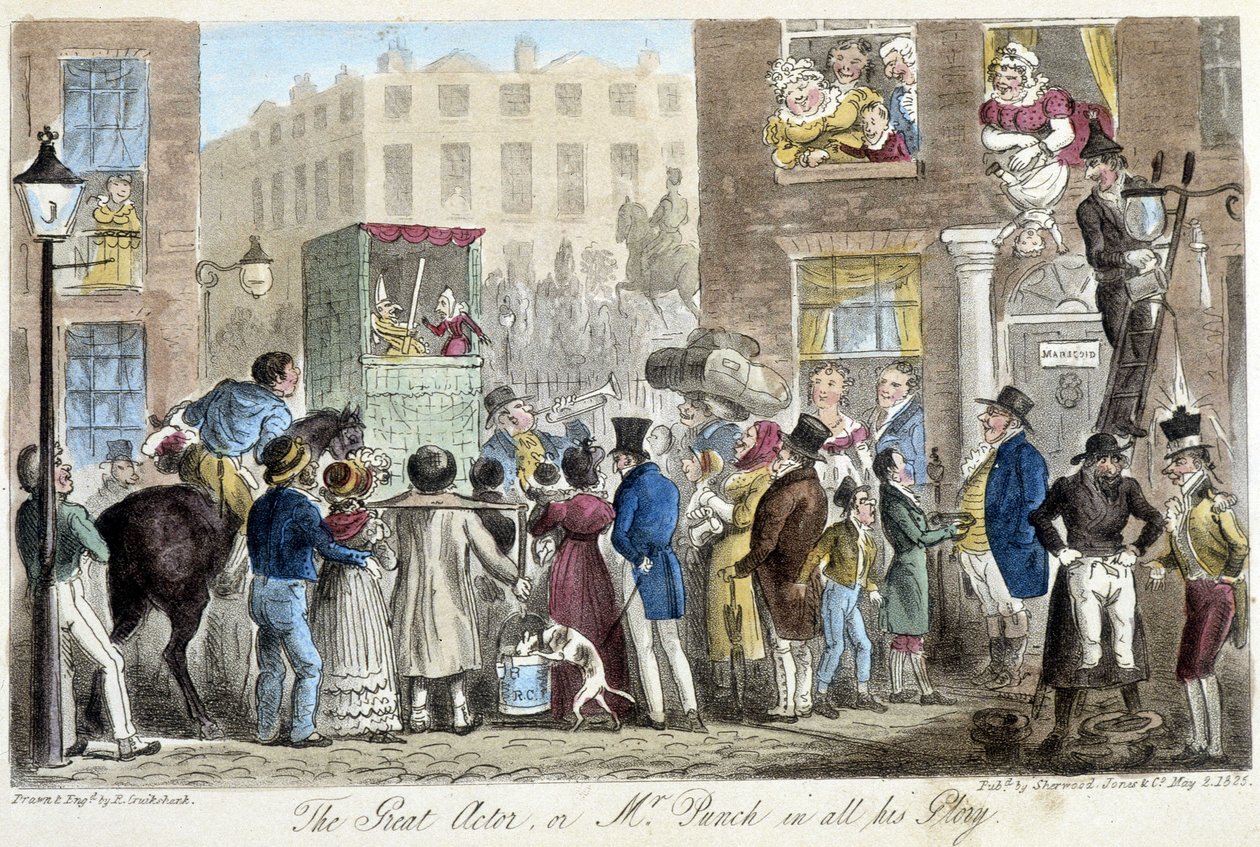 Guignol in de straten van Londen - in The English Spy door C. Molloy Westmacott, geïllustreerd door Robert Gruikshand, Sherwood, Londen door Isaac Robert Cruikshank