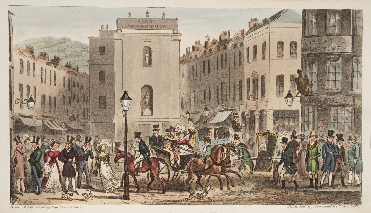 Milsom Street & Bond Street met Portretten van Bath Swells, uit The English Spy, gepubliceerd Londen, 1824 door Isaac Robert Cruikshank