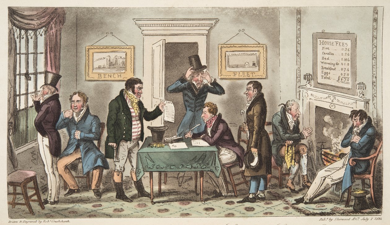 Ochtend en in Lage Stemming, een Opsluitingsscène in een Spunging House, Carey Street, een beetje Goede Waarheid, uit The English Spy, gepubliceerd Londen, 1824 door Isaac Robert Cruikshank