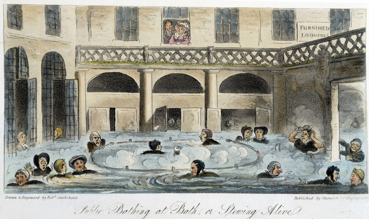 Openbaar bad in Londen - in "The English Spy" door Charles Molloy Westmacott, tekening door Robert Cruikshank, Londense editie door Isaac Robert Cruikshank