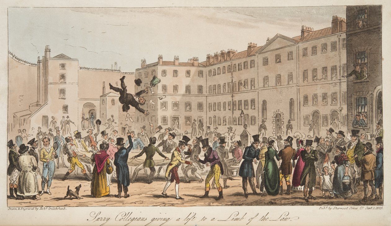 Surrey Collegians geven een lift aan een lid van de wet, uit The English Spy, uitgegeven Londen, 1824 door Isaac Robert Cruikshank