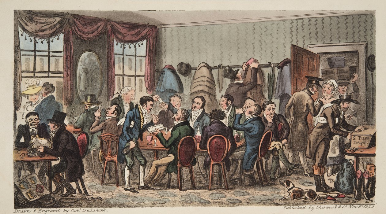 De Tassen, Mannenbanket bij de Bell Inn, Cheltenham, uit The English Spy, gepubliceerd 1824 door Isaac Robert Cruikshank