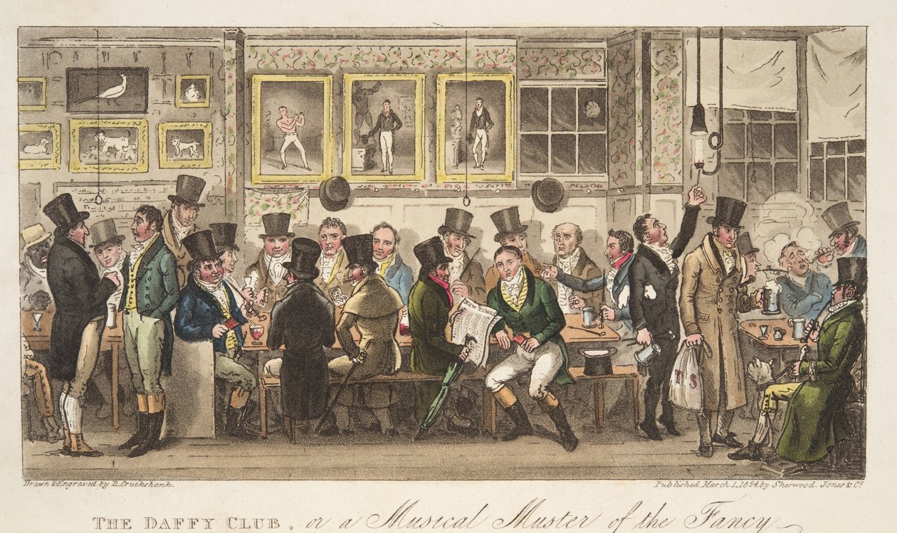 De Daffy Club, of een muzikale bijeenkomst van de Fancy, uit The English Spy, uitgegeven 1824 door Isaac Robert Cruikshank