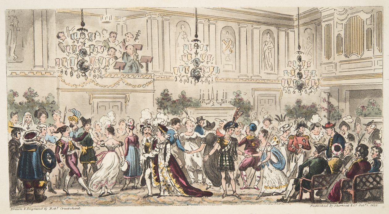 Het Fancy Bal in de Upper Rooms, Bath, uit The English Spy, gepubliceerd Londen, 1824 door Isaac Robert Cruikshank