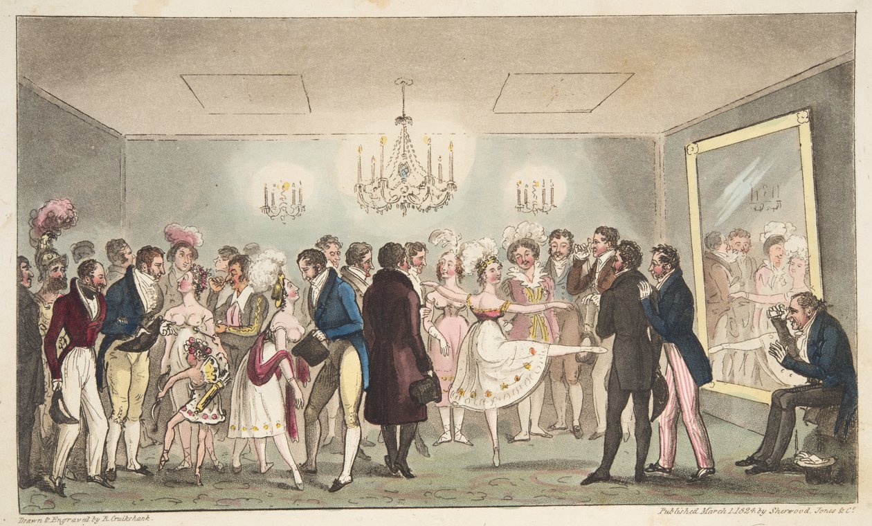De Groene Kamer van het Koningstheater, of Edelen die buitenlandse curiositeiten bekijken, uit The English Spy, uitgegeven 1824 door Isaac Robert Cruikshank