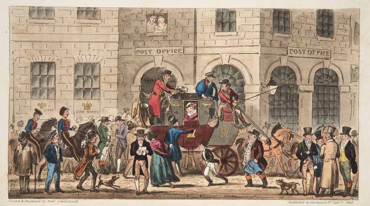 Het Postkantoor Bristol, Aankomst van de London Mail, uit The English Spy, gepubliceerd Londen, 1824 door Isaac Robert Cruikshank