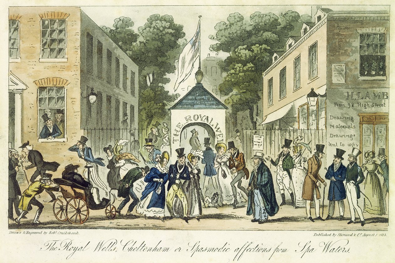 The Royal Wells, Cheltenham, of Spasmodische Aandoeningen voor Spa Water, 1825 door Isaac Robert Cruikshank