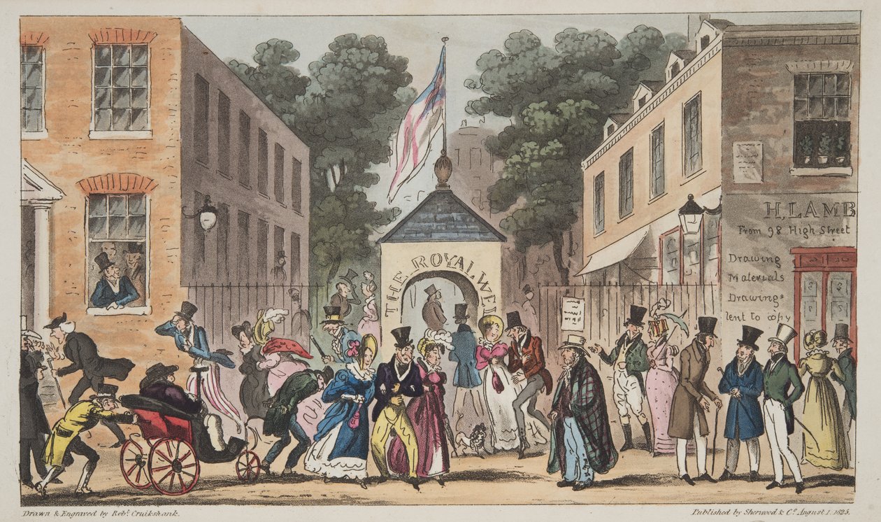 De Koninklijke Bronnen, Cheltenham of Spasmodische aandoeningen door Spa Water, uit The English Spy, gepubliceerd 1824 door Isaac Robert Cruikshank