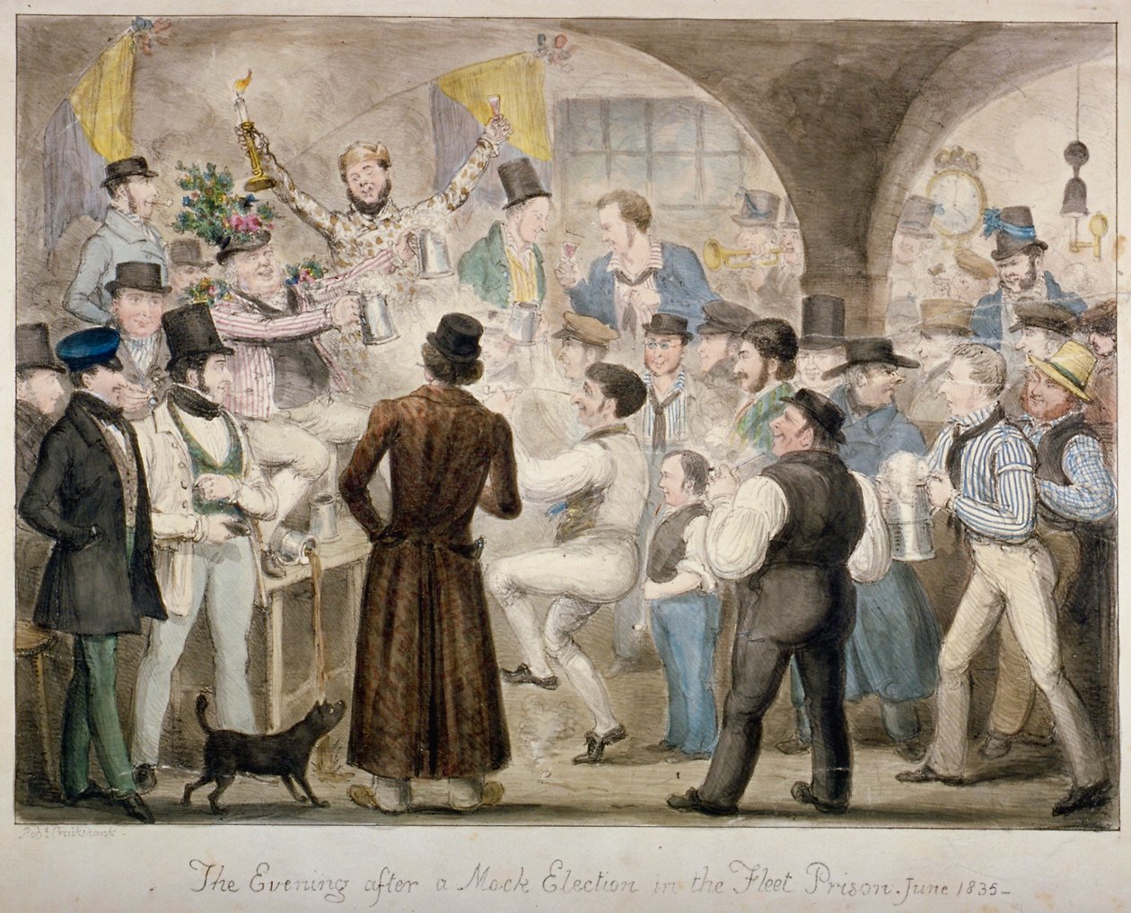De avond na een schijnverkiezing in de Fleet Prison, juni 1835 door Isaac Robert Cruikshank