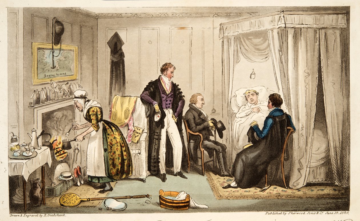 Tom Echo met de Headington-koorts of een Oxoniaan heel dicht bij de muur, uit The English Spy, gepubliceerd Londen, 1824 door Isaac Robert Cruikshank