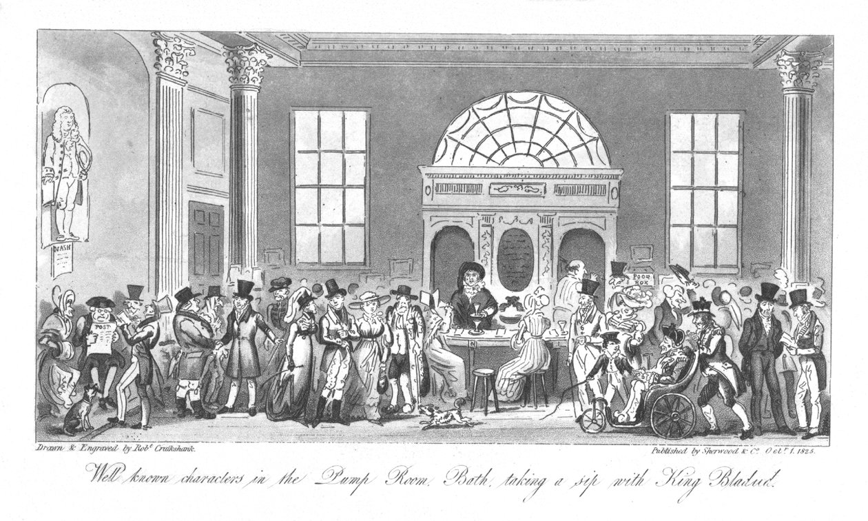 Bekende personages in de Pump Room, Bath, een slokje nemend met koning Bladud door Isaac Robert Cruikshank