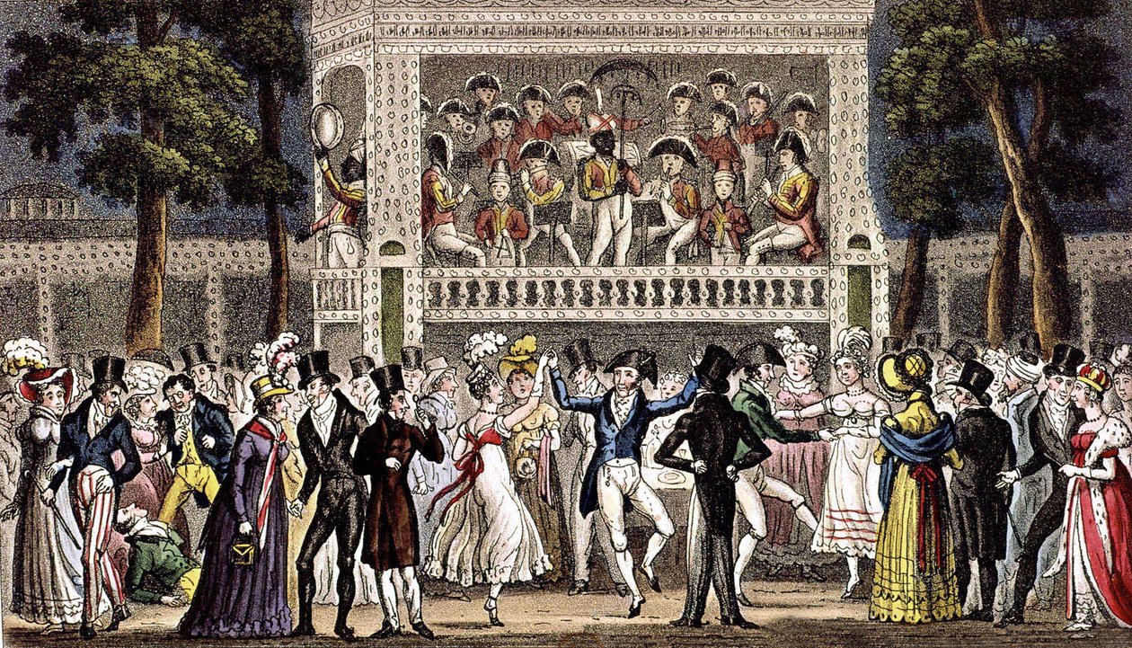 Een bal in Vauxhall tuin in Londen ca. 1830, gravure door Isaac Robert & George (1792 1878) Cruikshank