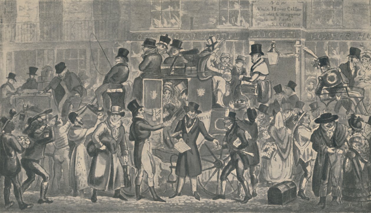 Buiten White Horse Cellar, Piccadilly, 1821, 1920 door Isaac, Robert and George Cruikshank