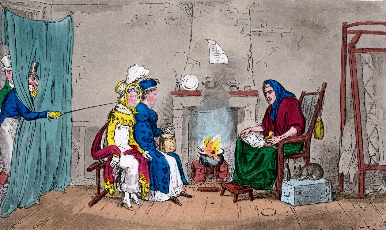 Tom en Jerry, vangen Kate en Sue onderweg, hun fortuin laten voorspellen, 19e eeuw door Isaac, Robert and George Cruikshank