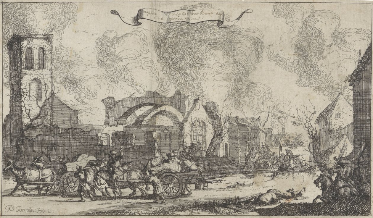 Franse troepen trekken plunderend en schietend door de ruïnes van het dorp Nigtevecht, 1672 door Isaac Sorious