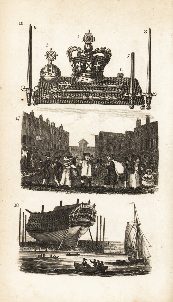 Het Juweelkantoor in de Tower of London, Rag Fair en Oude Kleren en Scheepsbouw door Isaac Taylor