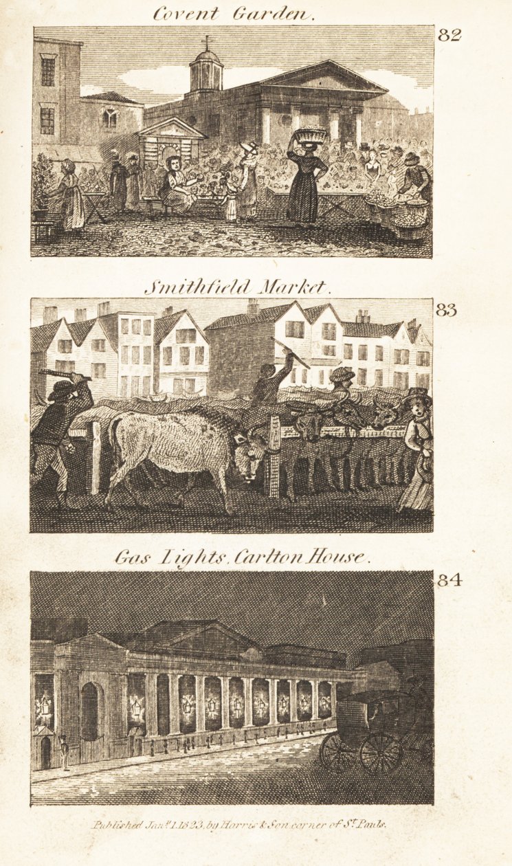 Ambachten in Regency Engeland: Covent Garden, Smithfield Market en gaslampen op Carlton House door Isaac Taylor