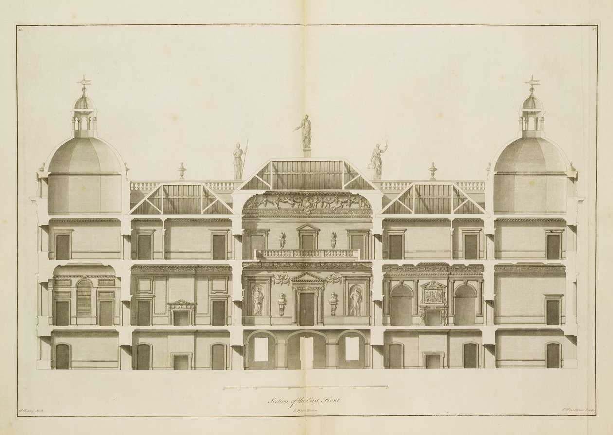 Houghton Hall: sectie van de Oostelijke Voorgevel, gegraveerd door Pierre Fourdrinier, 1735 door Isaac Ware