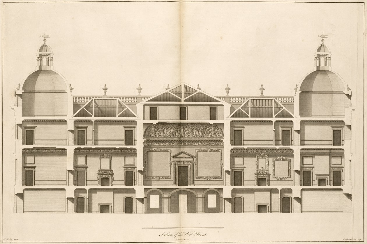 Houghton Hall: sectie van de westelijke gevel, gegraveerd door Pierre Fourdrinier, 1735 door Isaac Ware