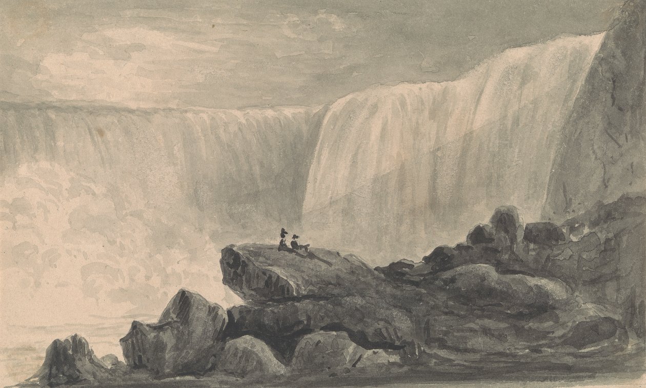 Uitzicht op de Niagara-watervallen met twee figuren zittend op een rots in het midden op de voorgrond door Isaac Weld