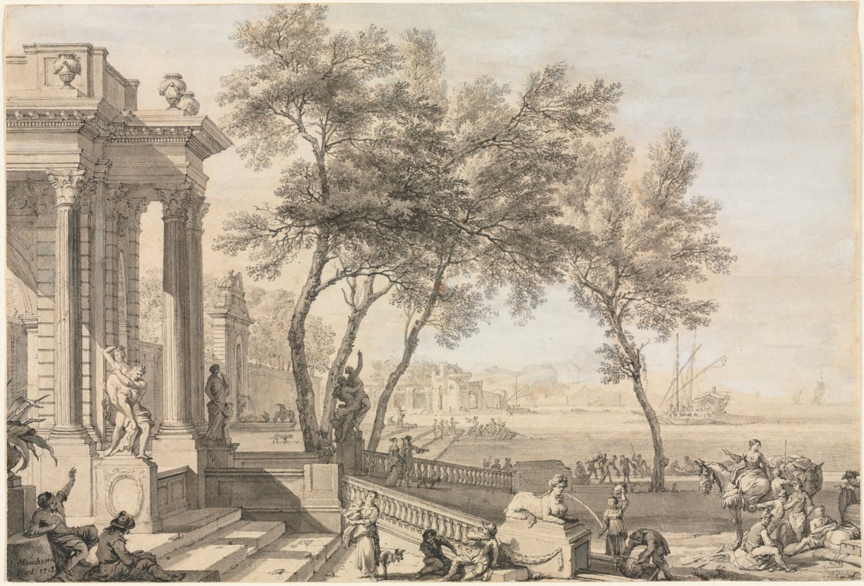 Fantastische Havenscène met Architectuur en Figuren door Isaac de Moucheron