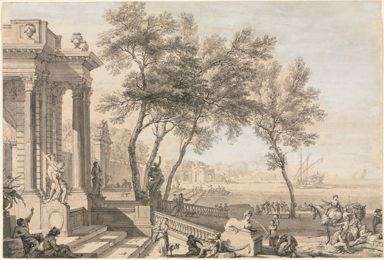 Fantastisch havenscène met architectuur en figuren, 1713 door Isaac de Moucheron