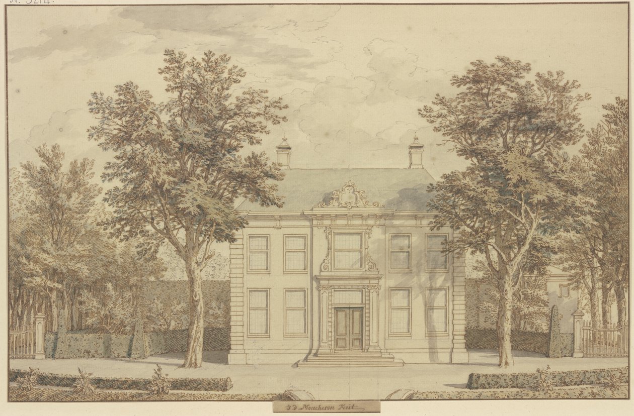 Tuin met taxushaag en een huis tussen twee bomen door Isaac de Moucheron