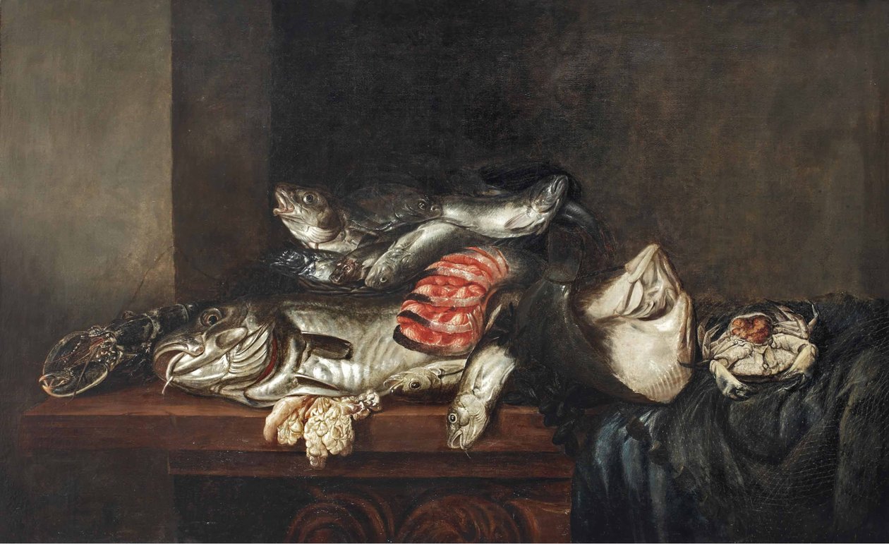 Een kreeft, kabeljauw, platvis, zalm, krab, mosselen en andere vis in een rieten mand met een visnet op een gedeeltelijk gedrapeerde tafel door Isaac van Duynen